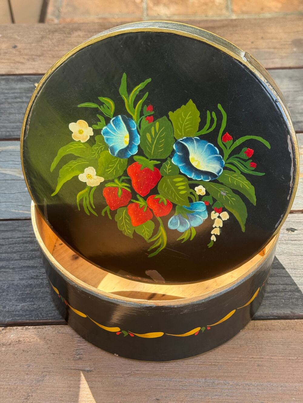 Vintage Hand Painted Floral Wooden Box Strawberries Toleware Folk Art Round 9.5"